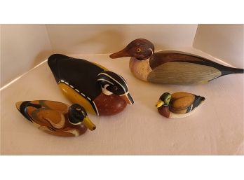 2 Wooden Ducks And 2 Ceramic Ducks