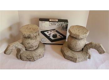 2 Faux Stone Candle Holders Or Maybe Use As Bookends And A Zen Garden