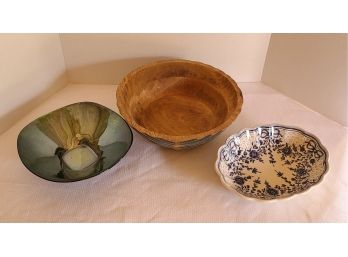A Wooden Bowl, Glass Bowl And Ceramic Bowl