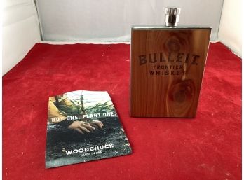 Brand New Bulleit Frontier Whiskey Stainless Steel And Wood 3oz Flask Woodchuck Made In The USA Free Tree