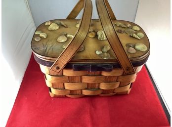 Unique Vintage Basketville Putney, Vermont Lined Basket Hand Painted Lid With Sea Shells Filled With Jewelry