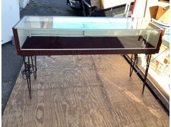 5 Foot Glass Top Display Case 20 Wide 11 High With Wrad Iron Legs 36 In Total Height Red Velvet Interior