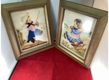 2 Vintage Herbert Dubler Inc. NY Prints Playmates And Fishing Friends By Eva Haria Hummel Art