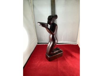 Hand Carved Woman Drinking Wooden Statue Signed Very Detailed Piece Good Overall Condition