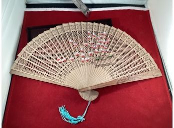 Vintage Japanese Wooden Hand Fan With Tassel And Case Good Overall Condition