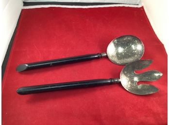Vintage Salad Serving Utensils Silver-plated With Wooden Handles Unmarked Good Overall Condition