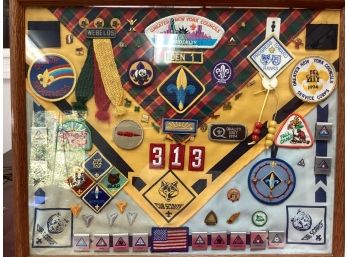 Vintage Cub Scouts And Webelos Framed Collage Of Patches Scarfs Belt Loops Pins Good Overall Condition