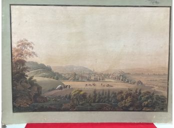 Vintage Hand Painted On Board Farmers Field With Town In The Distance Signed Can't Make It Out, Very Detailed