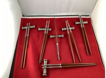 Set Of 5 Wood And Pewter Chopsticks With Pewter Rests Heavily Marked Good Set Missing 1 Stick To Be A Set Of 6