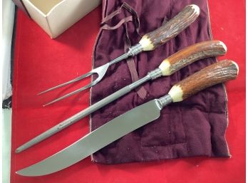 Vintage 3 Piece Antler Handle Carving Set Knife, Fork, Steel With Velvet Case And Original Box Good Quality