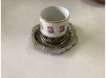 Kahla Porcelain Espresso Cup With Metal Saucer, Missing 2 Glass Beads