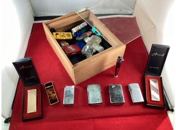 Cigar Box Filled With Lighters Of All Sorts Zippo, Ronson, Astoria, Petite, Crown Sangyo, Etc. See Pictures