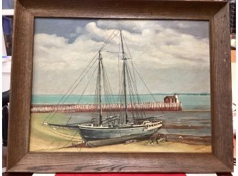 Vintage T. Haywood Oil On Canvas On Wood Repairing The Sail Boat Signed T. Haywood Nautical Scene