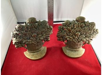 Vintage Solid Brass Bookends Door Stop Floral Basket Arrangement Heavy See Pictures