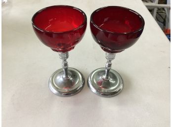 Unique Set Of 2 Art Deco Cranberry Glass Goblets With Chrome Bases