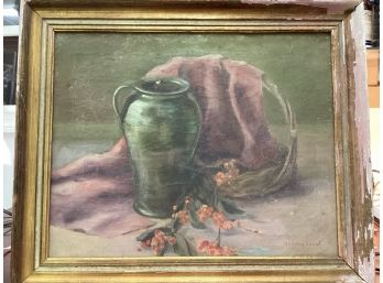 Antique A. Vander Voort Oil Painting Vase And Basket Of Flowers Signed Dated October 1949 Small Hole On Vase