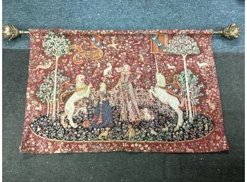 Vintage 26 X 39 Wall Tapestry Queen Servant Unicorn Lion Other Misc. Animals No Holes Needs Cleaning