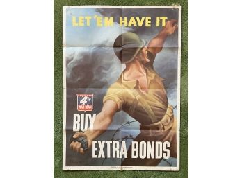 Vintage 1943 WWII Let Em Have It Buy Extra Bonds Lithograph Poster By Bernard Perlin - Printed By US Treasury