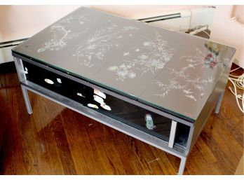 Signed Mother Of Pearl Inlaid Panels On Black Lacquered Wood Coffee Table