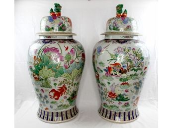 Wonderful Pair Palace Size Lidded Urns With Foo Dog Finials - Guangxi Mark
