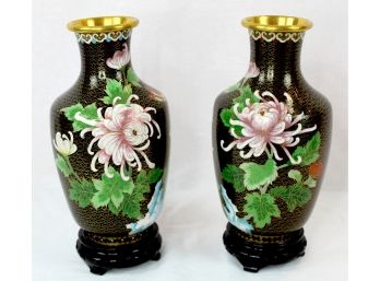 Pair Black Cloisonne Flowered Vases In Original Box