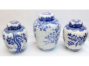 Three Oriental Blue &  White  Lidded Ginger Jars