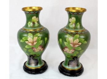 Pair Fabulous Cloisonne Green Floral Vase In Original Case
