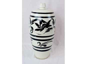 Tall Black & White Painted Pottery Vessel