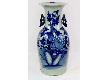 Tall Twin Handled Blue Paint Decorated Oriental Urn