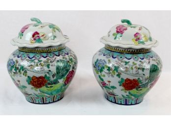 Pair Painted Oriental Lidded Jars - Guangxi Mark