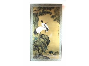 Fabulous Signed Watercolor On Silk Depicting Cranes In A Landscape