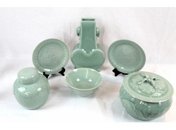 Group Of Six Oriental Celadon Glass Pieces