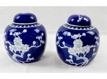Two Blue And White Lidded Ginger Jars