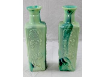 Pair Green Glass Oriental Style Bottles
