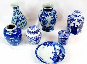 Seven Pieces Blue & White Oriental Porcelains - Some Qianlong Mark
