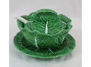 Vintage Green Cabbage Lidded Bowl, Spoon & Underplate