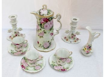 Porcelain Tea Pot, Cups &  Saucers, Pair Candlesticks And A Small Pitcher