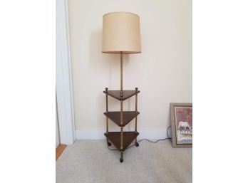 Mid Century Brass And Fruitwood Side Table/Lamp Combo