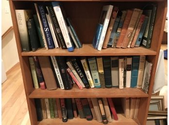 Assorted Books And Pine Bookshelf