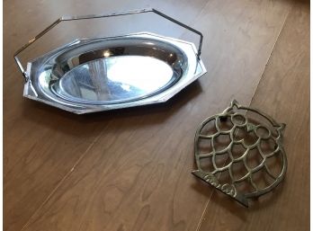 Brass Owl Trivet And Silverplate Handled Tray