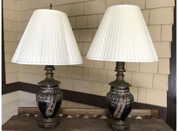 Pair Antique Brass And Ceramic Lamps