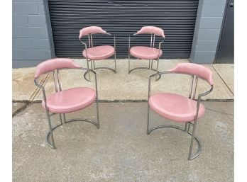 Set Of 4 Vintage Chrome And Pink Vinyl Chromcraft Barrel Back Dining Chairs