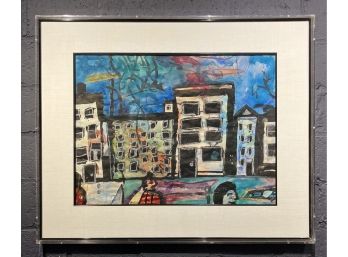 Vintage Colorful Abstract Gouache Watercolor Street Scene Painting Signed Illegibly Dated 1975