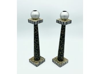 Pair Of Vintage Postmodern Style Candlesticks Signed Rokoko And Dated 1993