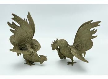 Pair Of Vintage Brass Fighting Rooster Figurines