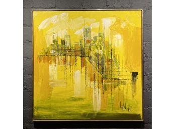 Mid Century Abstract Cityscape Oil On Canvas Signed LeMark