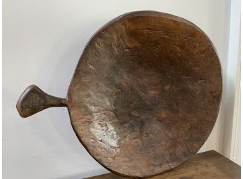 Antique Large Primitive Japanese Shallow Wood Bowl With Handle