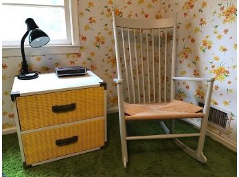 White And Wood Rocker And White And Yellow Nightstand