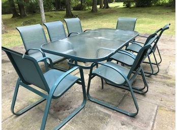 Rectagular Glass And Aluminum Patio Table & Eight Arm Chairs