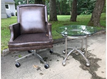 Vintage Leather Office Chair And Vintage Glass Top Table